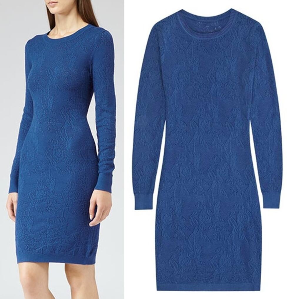 Reiss Bobbina Blue Knit Lace Long Sleeve Bodycon Sweater Dress Medium Old Money